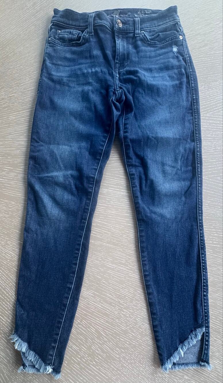 7 For All Mankind Ankle SkinnyJeans Size 26 Asymmetric Frayed Split Hem DarkWash